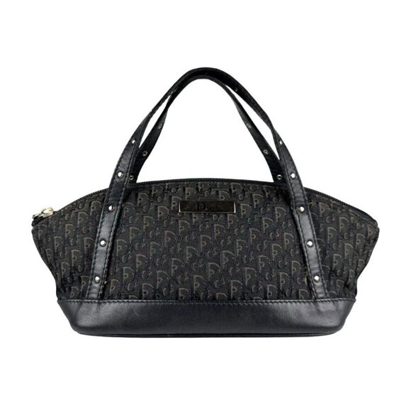 Auth Christian Dior Handbag Black/Beige Canvas/Leather/Silvertone - z3675